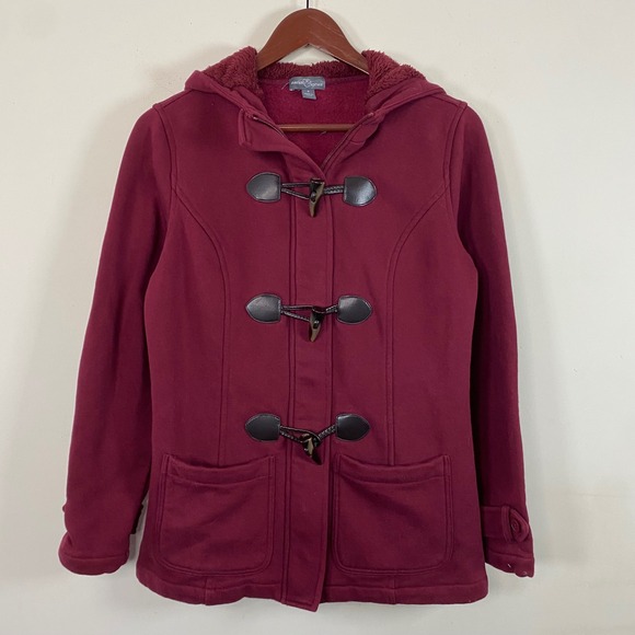 Vintage Y2K Market & Spruce Burgundy Jacket Toggle Buttons Hooded Women's Small - Picture 2 of 8